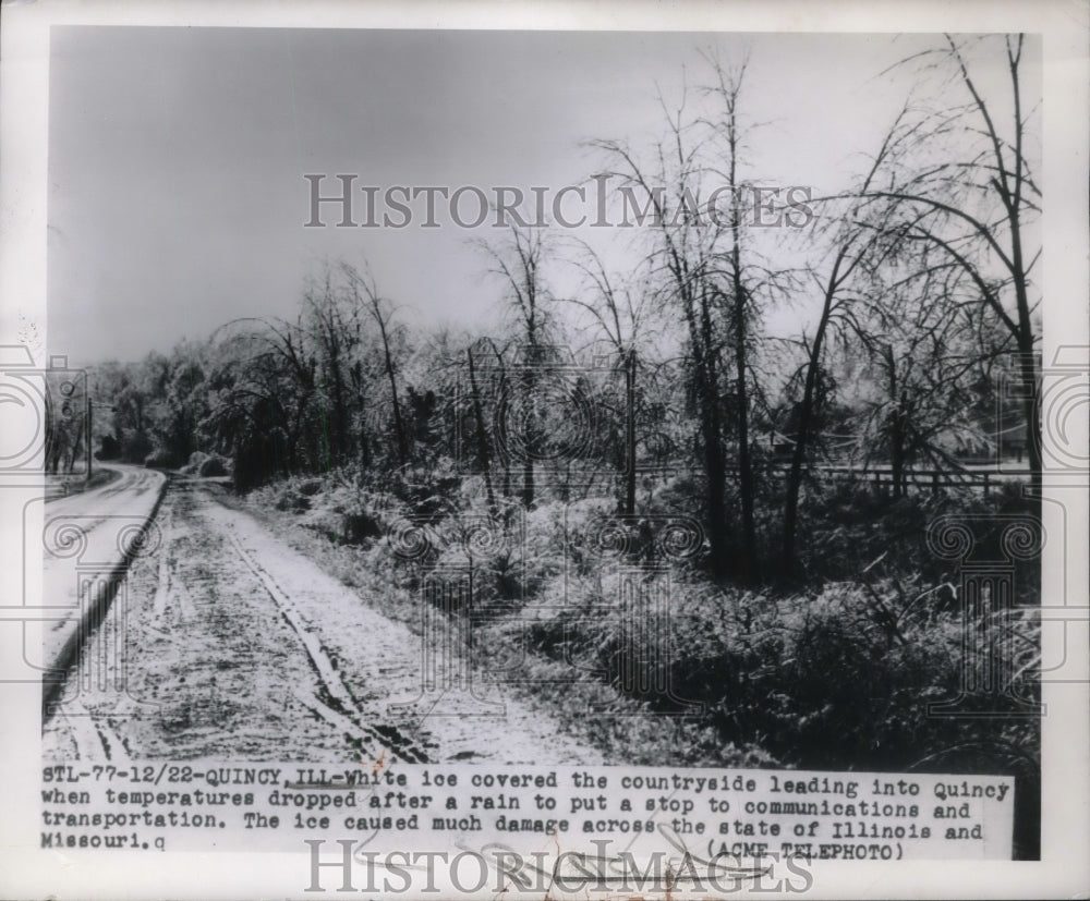 1949 Press Photo White ice covered countryside leaving in Quincy, Illinois- Historic Images