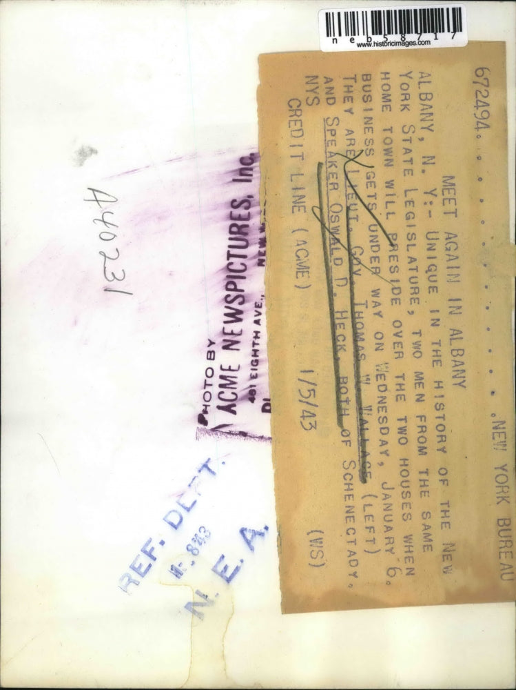 1943 Press Photo Lt Gov Thomas Wallace & Speaker Oswald Heck