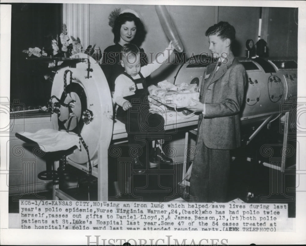 1950 Press Photo Kansas City,Mo iron lung, RN V Warner,D Lloyd, J Benson,