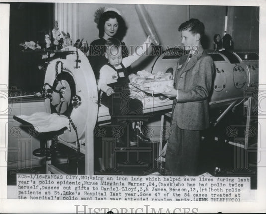 1950 Press Photo Kansas City,Mo iron lung, RN V Warner,D Lloyd, J Benson,