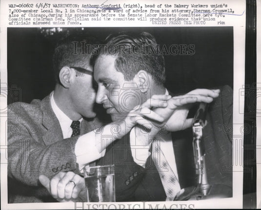 1957 Press Photo Anthony Conforti Bakery Worker's Union Sherman Cromwell