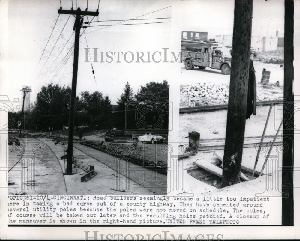 1956 Press Photo Cinncinati,Ohio Pole in middle of a new road not moved yet- Historic Images