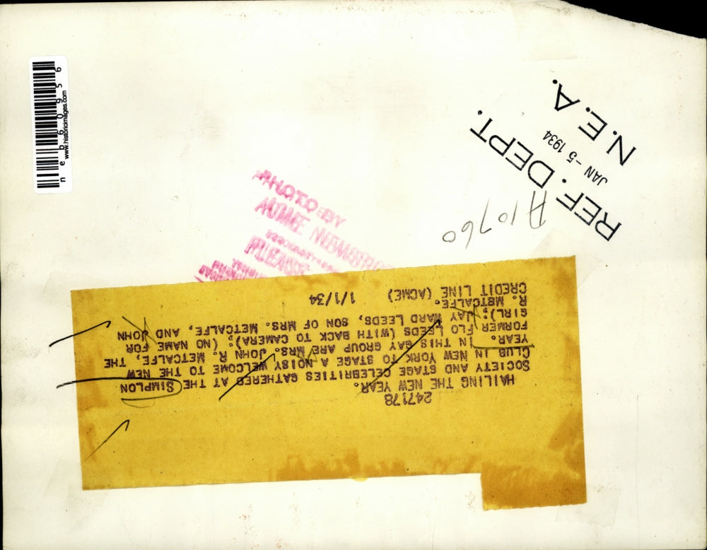 1934 Press Photo Simplon Club in NYC,Mrs Metcalfe,JW Leeds,J Metcalfe