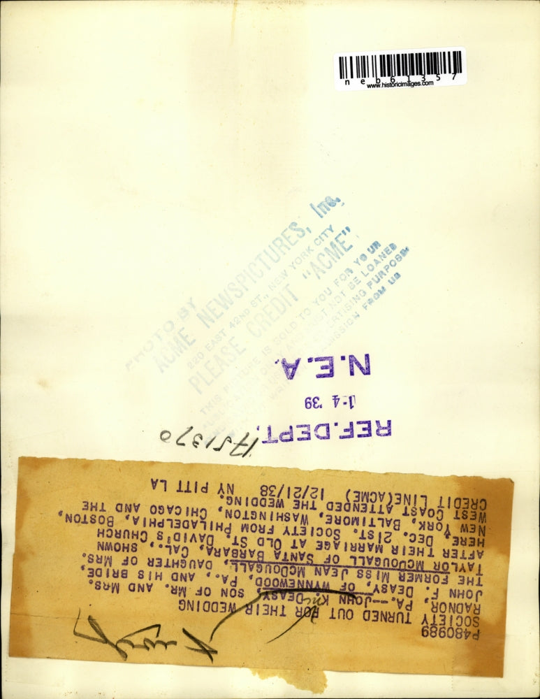 1938 Press Photo John Deasy Marries Jean McDougall At St David's Church