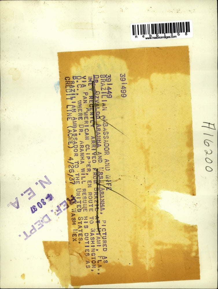 1937 Press Photo Dr. Ozvaldo Aranha & wife, Brazilian Ambassador to U.S.