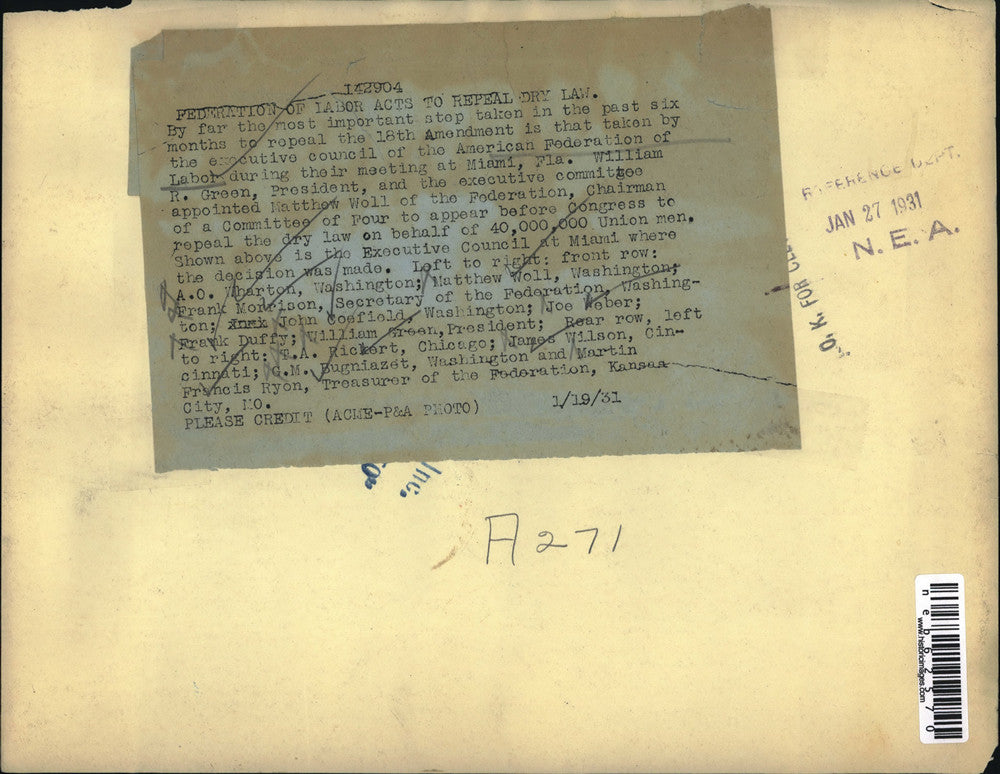 1931 Press Photo Members of Federation of Labor act to repeal Dry Law