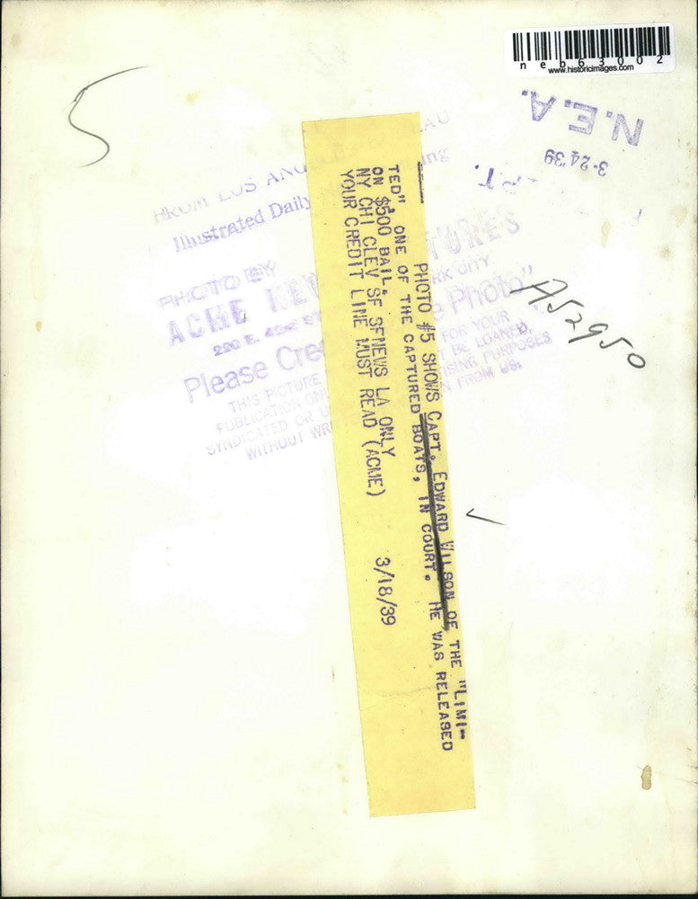 1938 Press Photo Captain Edward Wilson in court after making bail for boat theft