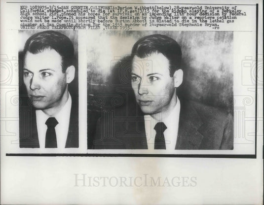 1957 Press Photo Burton W Abbott  slated for death at San Quentin for murder- Historic Images