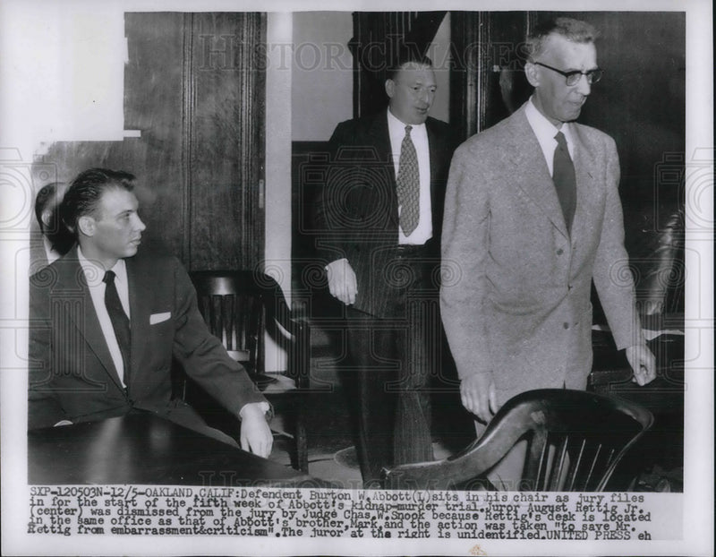 Load image into Gallery viewer, 1955 Press Photo Burton Abbott sits in his chair as jury files in for trial
