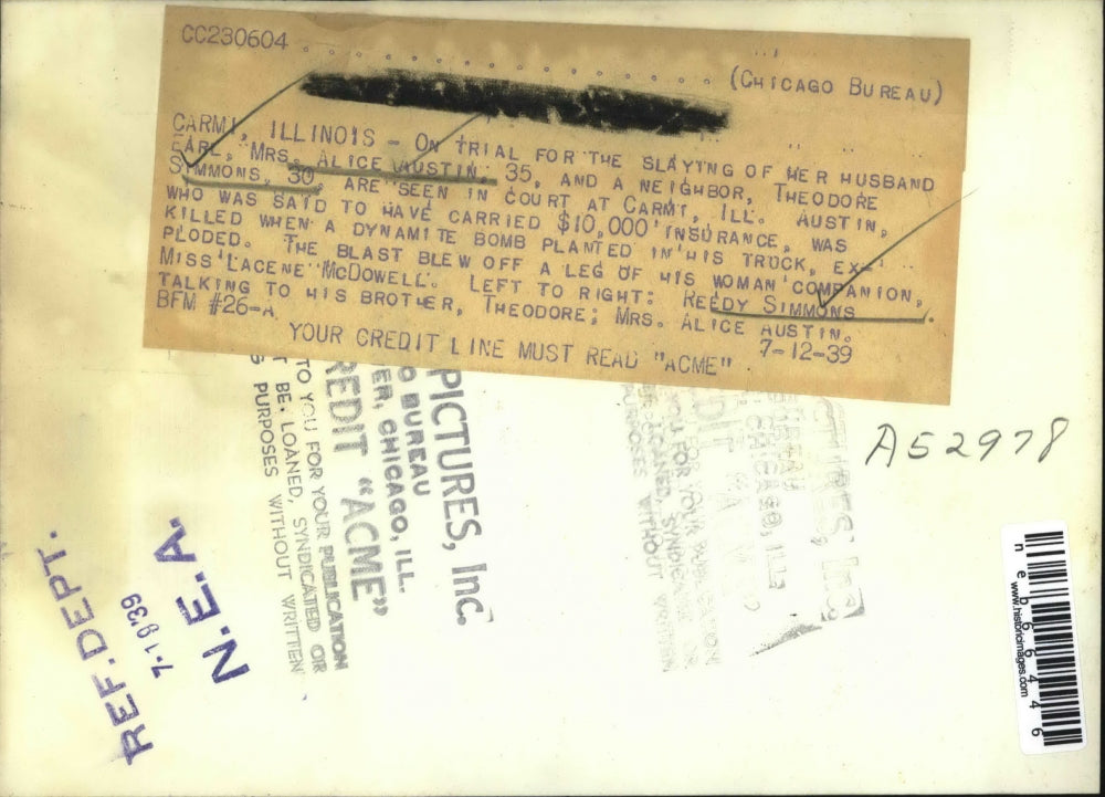 1939 Press Photo Mrs Alice Austin, Theo & Reedy Simmons at murder trial in ILL