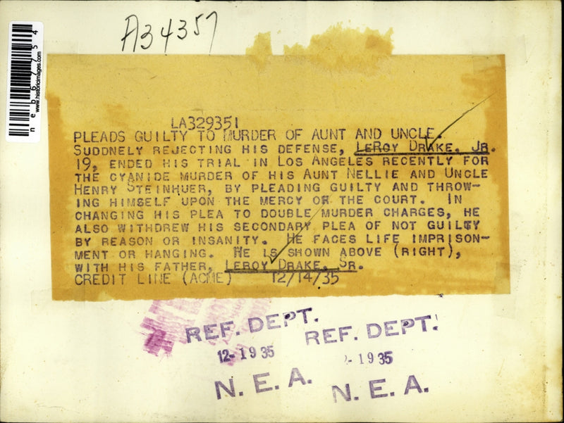 Load image into Gallery viewer, 1935 Press Photo LeRoy Drake rejects defense and pleads guilty in murder trial
