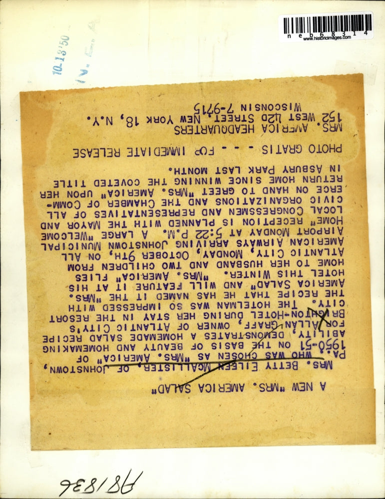 1950 Press Photo Mrs.Betty Eileen McAllister, Ms. American 1951 making Salad