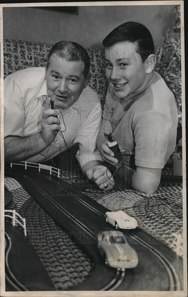 1956 Press Photo John J. McBride and son Jackie of Euclid plays race car - Historic Images