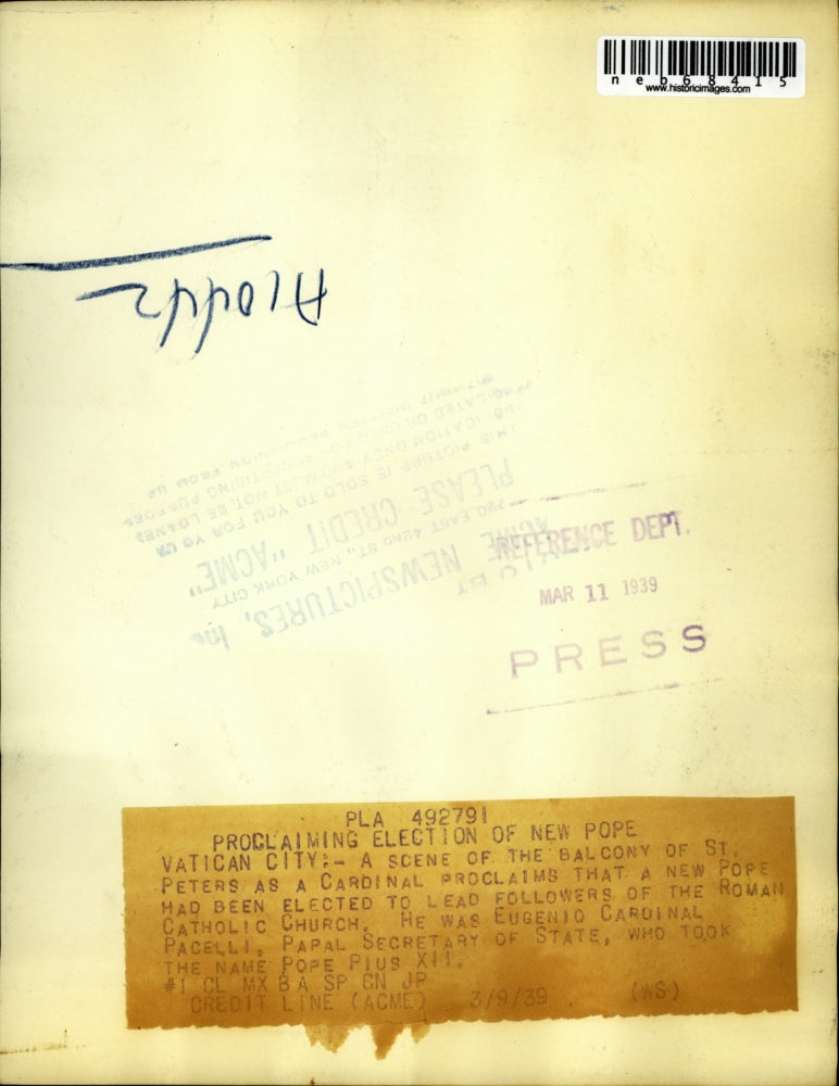 1939 Press Photo Eugenio Cardinal Pacelli, papal sec. of State proclaim new Pope