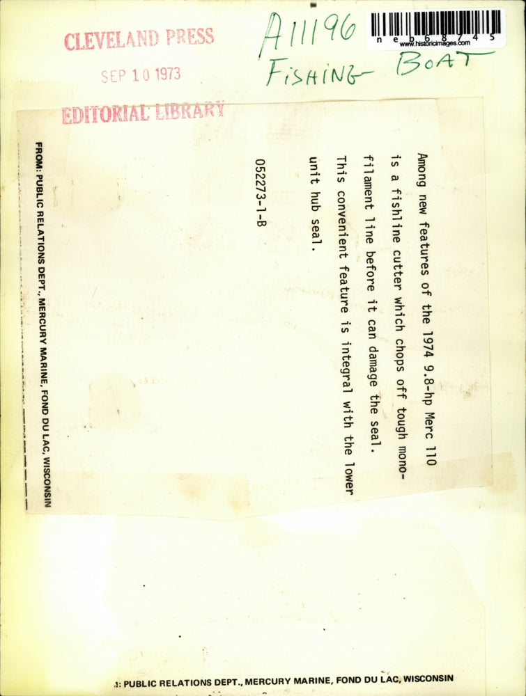 1973 Press Photo Fishline cutter new feature on new 9.8-hp Merc 110