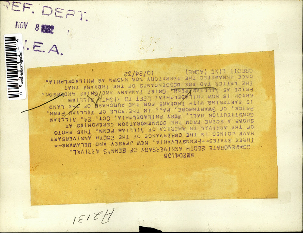 1932 Press Photo Observance of the 250th Anniversary of William Penn Arrival