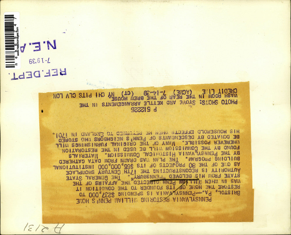 1939 Press Photo Stove and Kettle arrangement in wash room of William Penn home