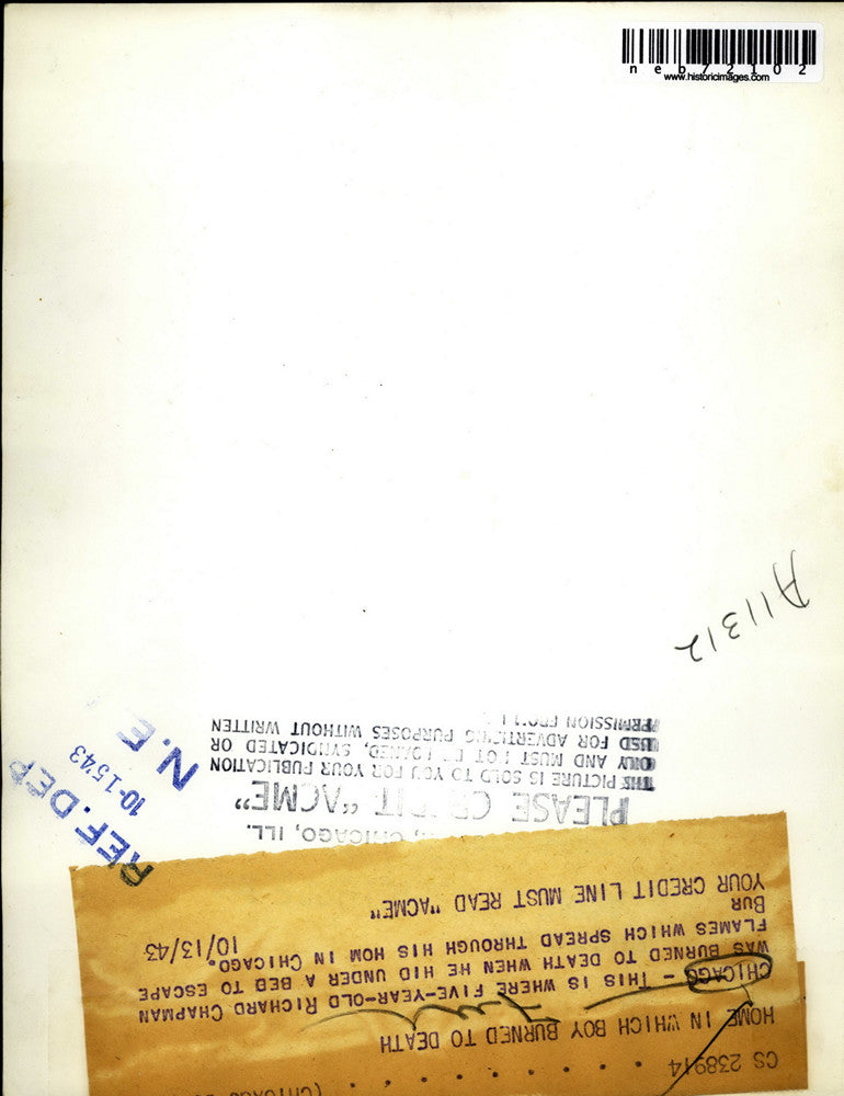 1943 Press Photo 5 yr old boy dies in fire when he hides under bed from flames