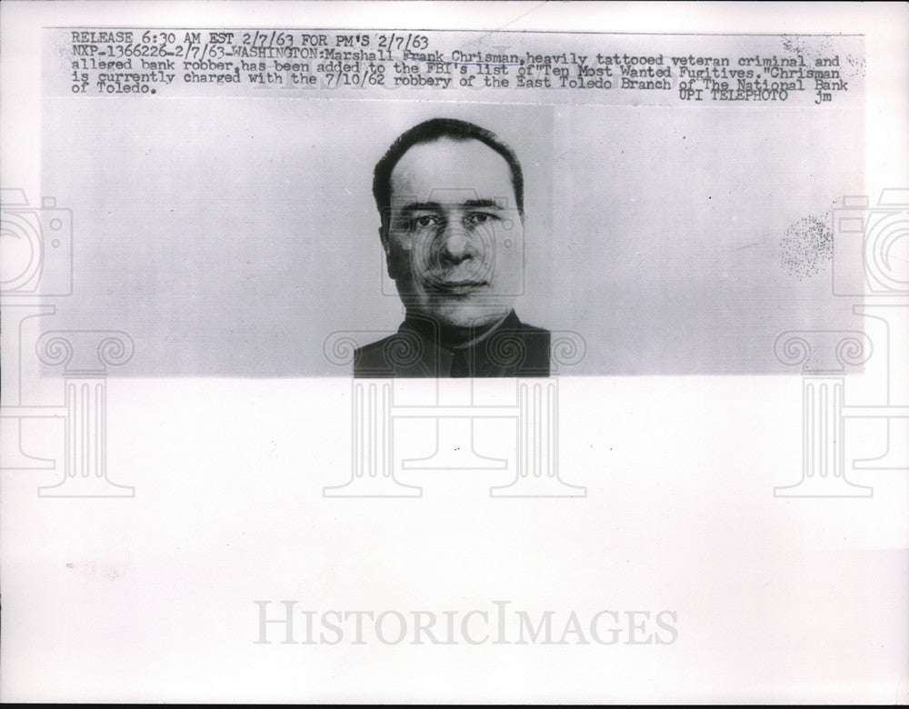 1963 Press Photo Frank Chrisman&#39;s mug shot after robbing a bank- Historic Images