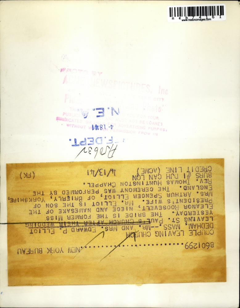 1941 Press Photo Pres niece Eleanor Roosevelt weds Edward Elliot ,Dedham, Mass