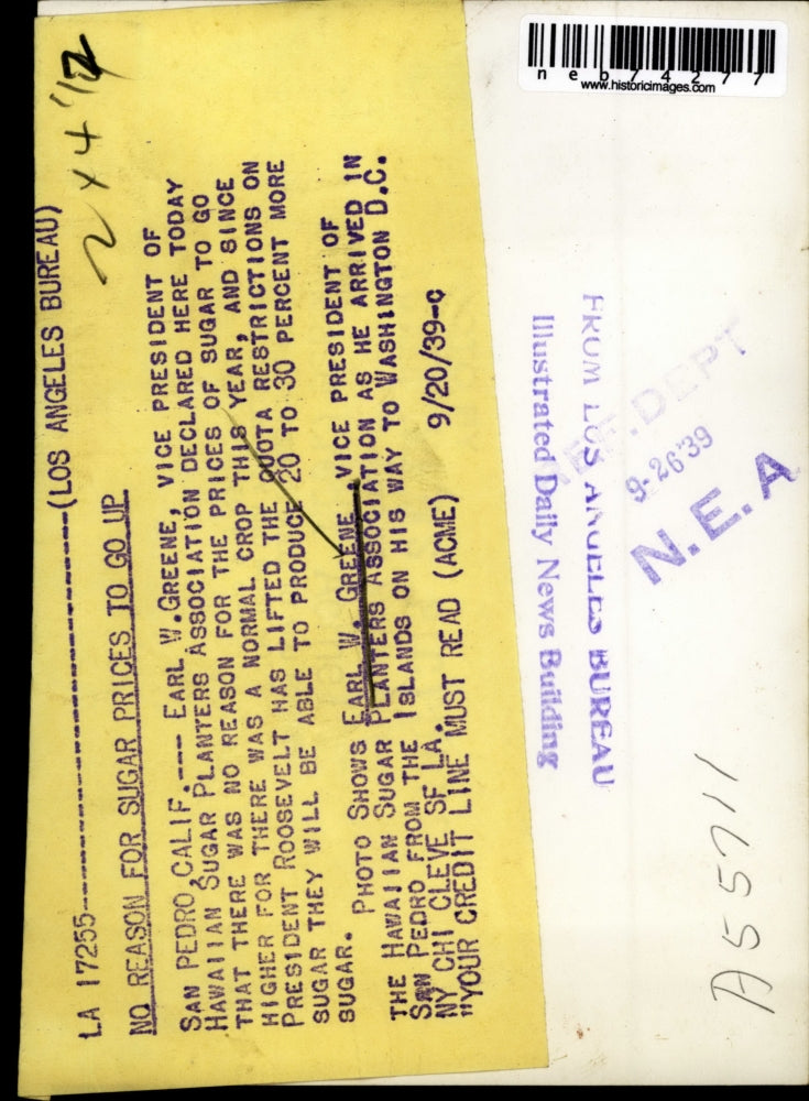 1939 Press Photo Earl W Green Vice President Hawaiian Sugar Planters Association