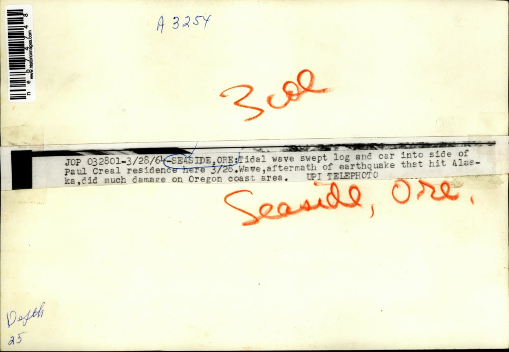 1964 Press Photo Tidal Wave Swept Log and Car Into Paul Creal Home in Seaside