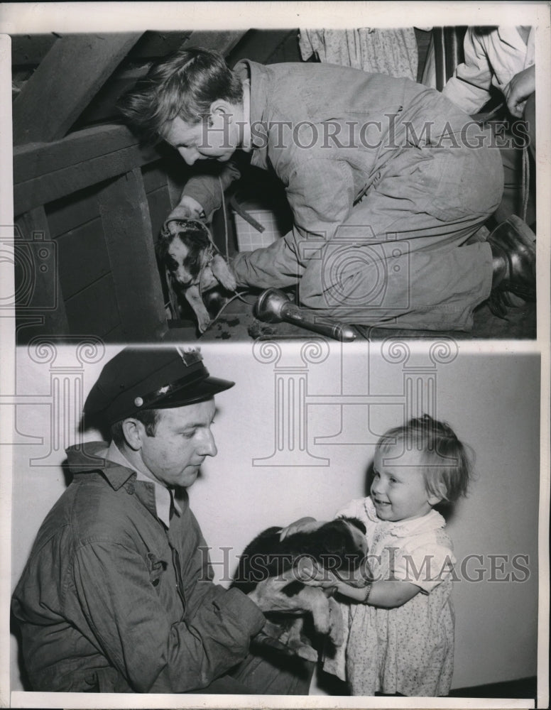 1948 Press Photo Dog Rescued from Behind Wall by Allan Glisch Giving Dog to Girl- Historic Images