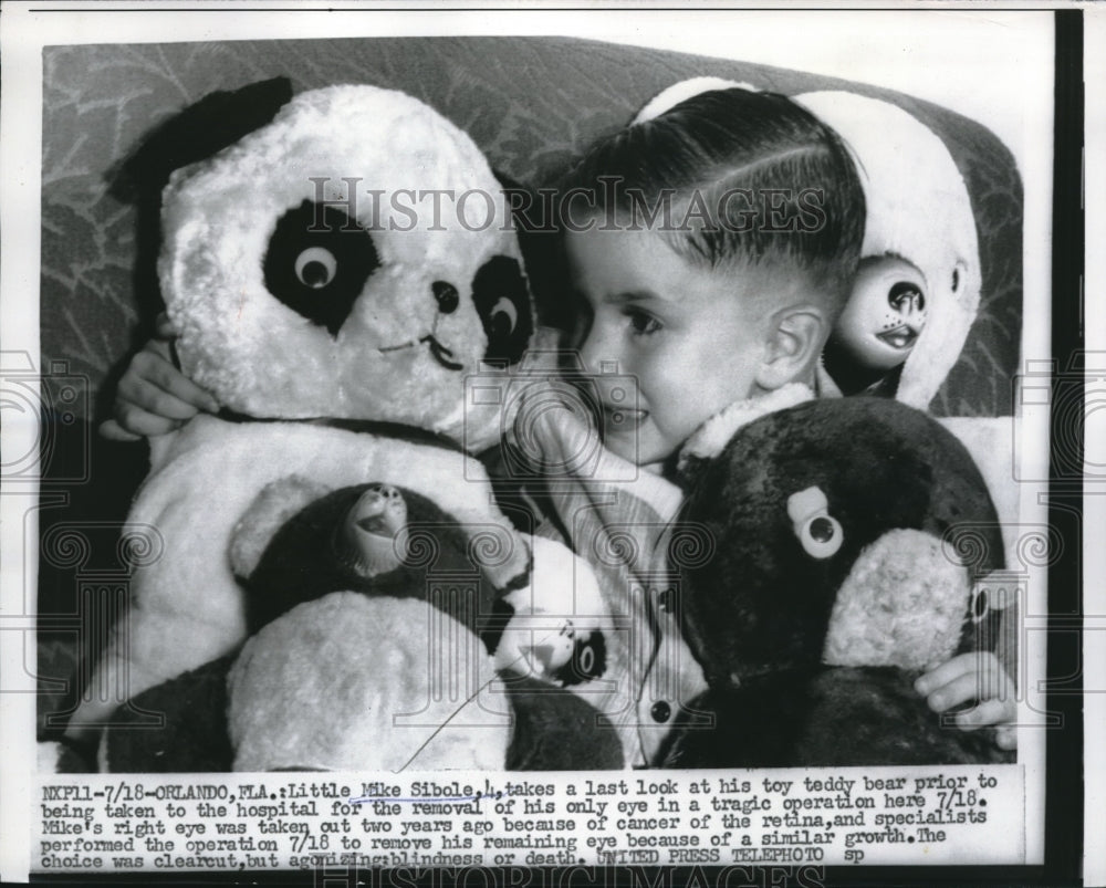 1955 Press Photo Orlando, Fla, Mile Sibole, toy bear, eye  removed with cancer- Historic Images