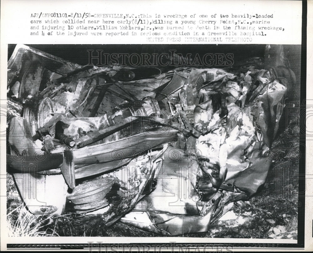 1958 Press Photo Wreckage of 2 cars, killing a Marine from Cherry Point, NC- Historic Images