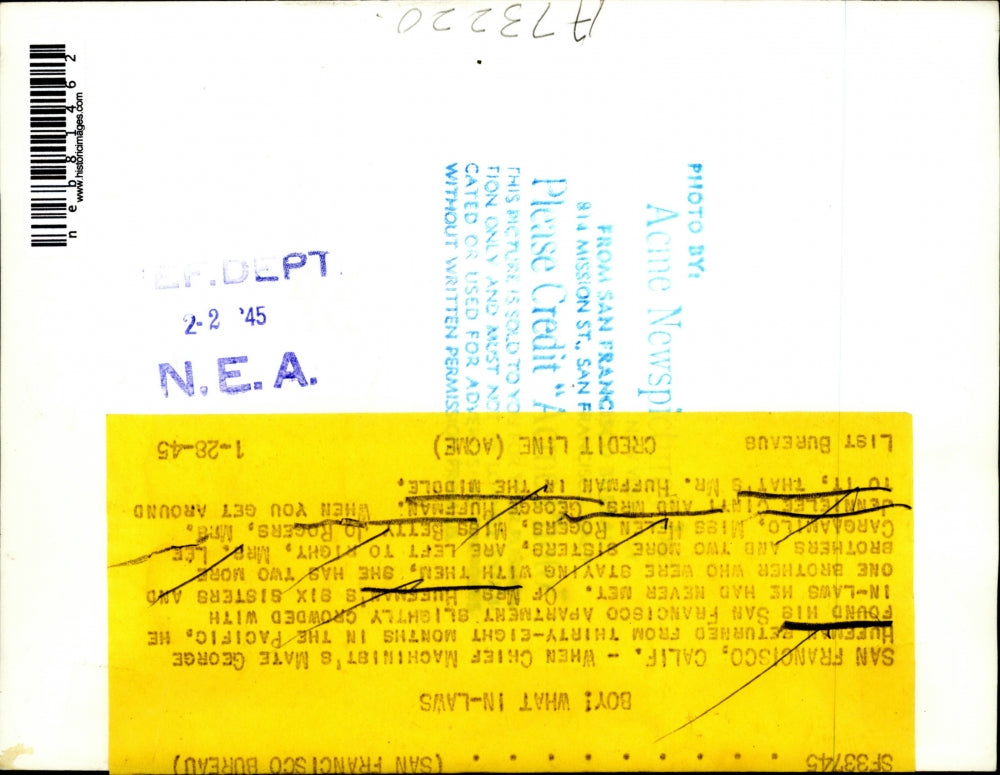 1945 Press Photo San Francisco, Cal M/Mate Geo Huffman,meets in-laws