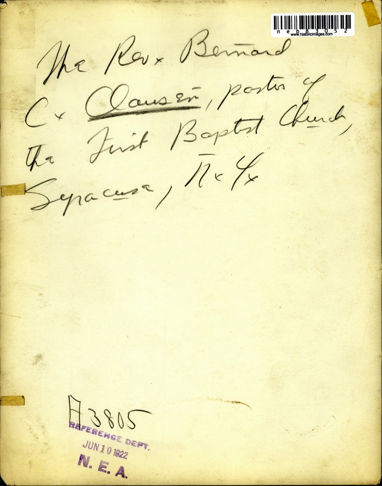 1922 Press Photo Rev Bernard C. Clausen First Baptist Church Ny