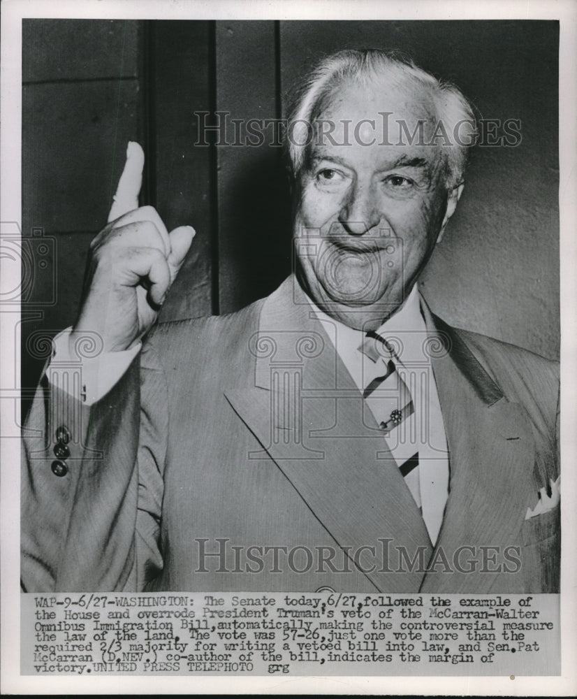 1952 Press Photo Sen. Pat McCarran shown after Senate overrode a bill- Historic Images