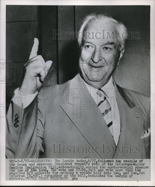 1952 Press Photo Sen. Pat McCarran shown after Senate overrode a bill- Historic Images