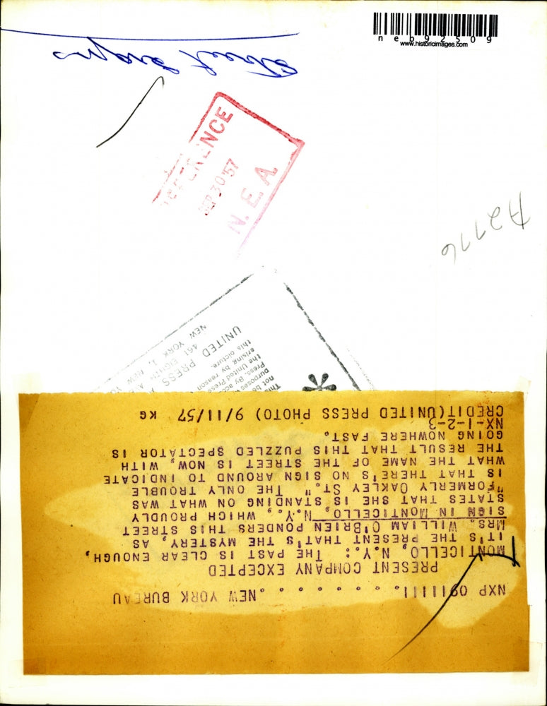 1957 Press Photo Mrs. William O'Brien Street Sign