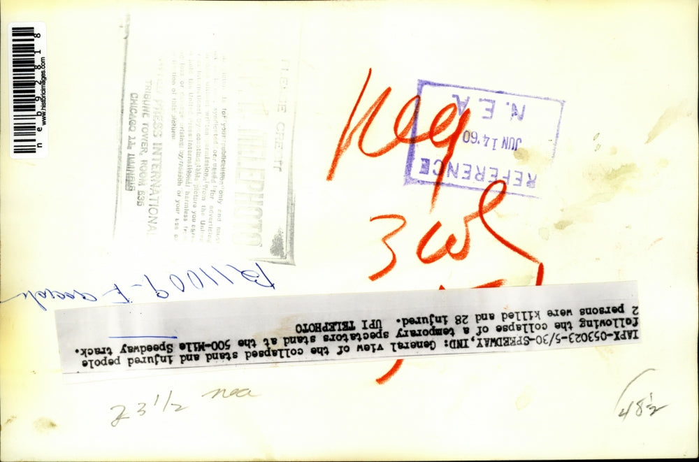 1960 Press Photo Collapsed Stand at 500-Mile Speedway Track