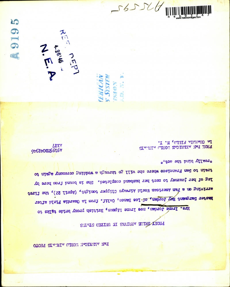 1946 Press Photo Mrs Irene Jordan nee Lipman, British proxy bride of MSgt Jordan