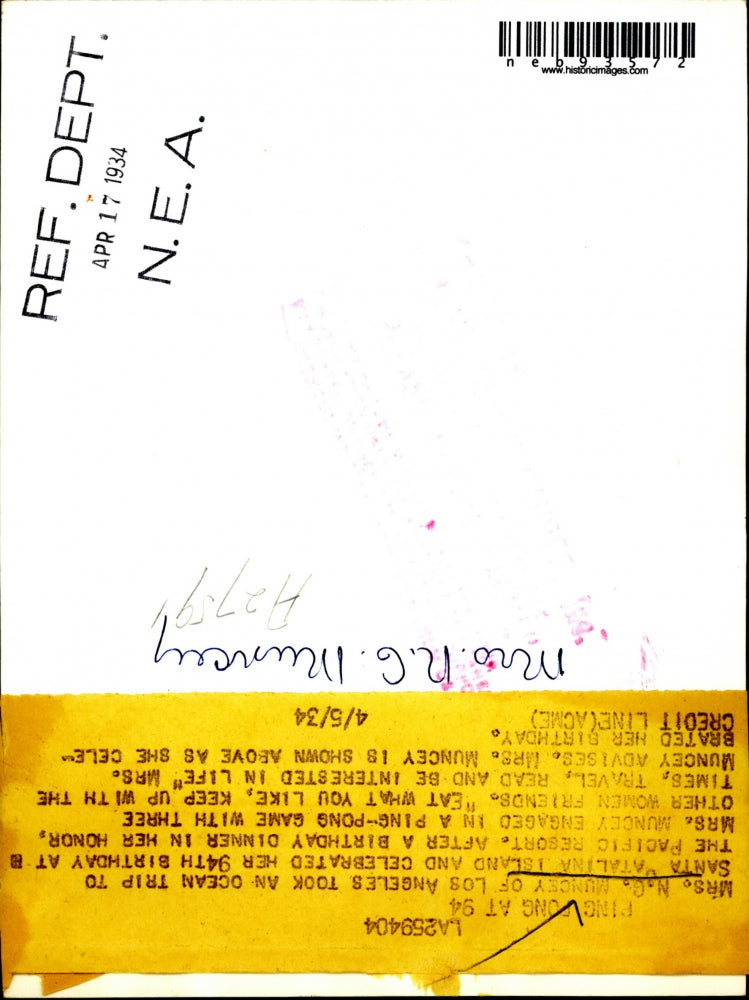 1934 Press Photo Mrs. N.G. Muncey Ocean Trip to Catalina Islands 94th Birthday