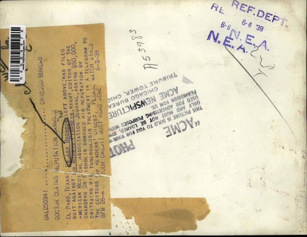 1939 Press Photo Dr. Asa Brunson Filed Suit Against Dr. Morris Fishbein