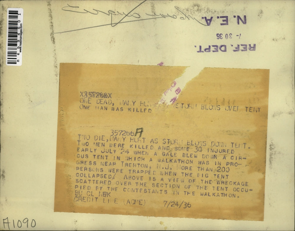 1936 Press Photo storm blows down Trenton NJ. circus tent. 2 dead ,70 injured