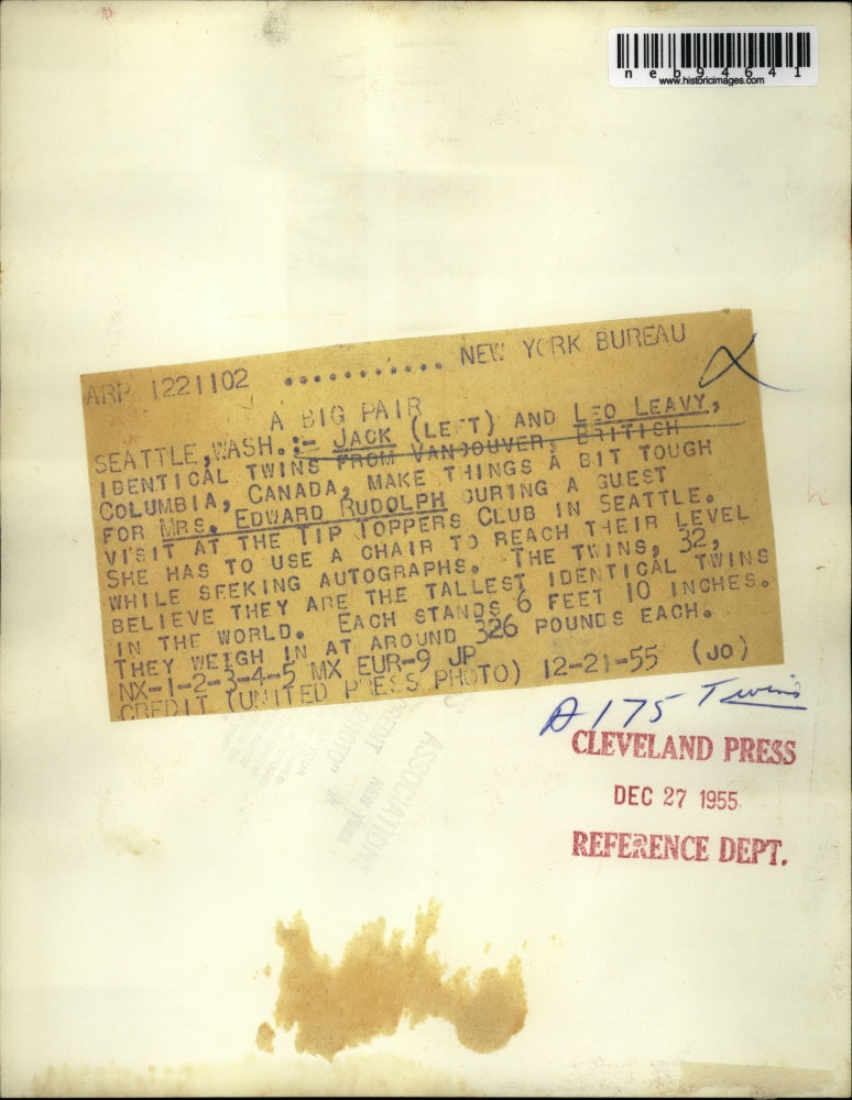 1955 Press Photo Jack & Leo Leavy Twins & - neb94641