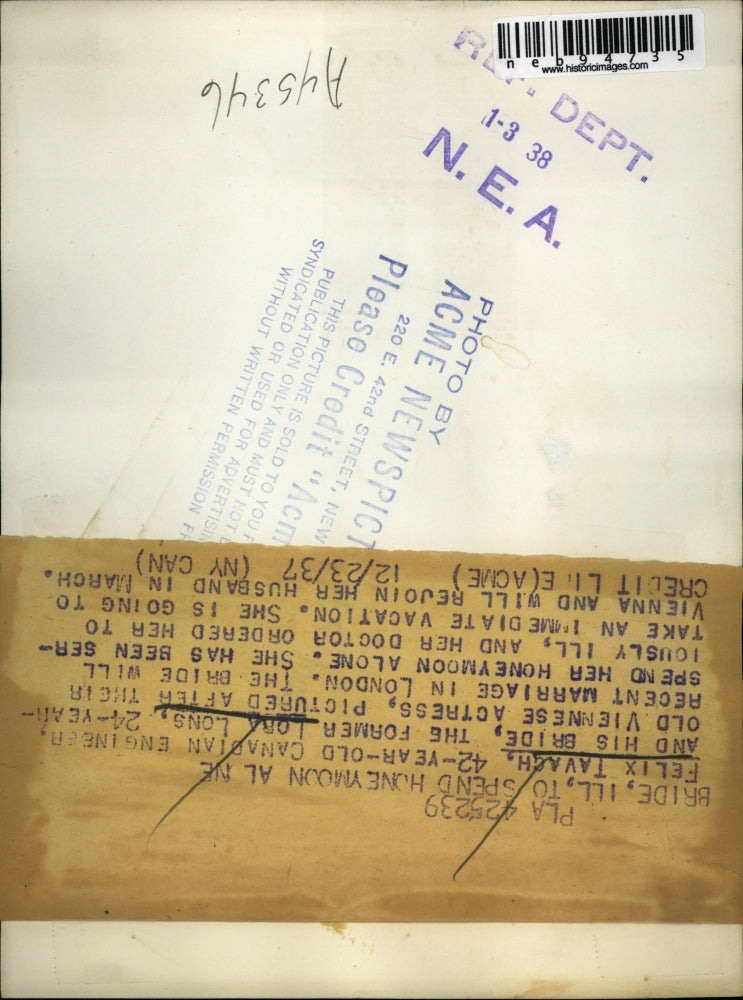 1937 Press Photo Felix Tavch & bride former Lora Lons, Viennese actress