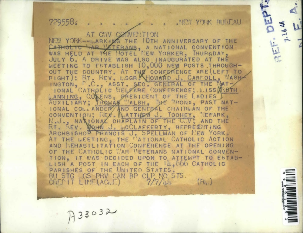 1944 Press Photo 10th Anniversary of Catholic War Veterans Rev Carroll