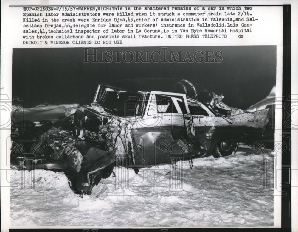 1957 Press Photo car carrying Spanish Labor administrators destroyed by train