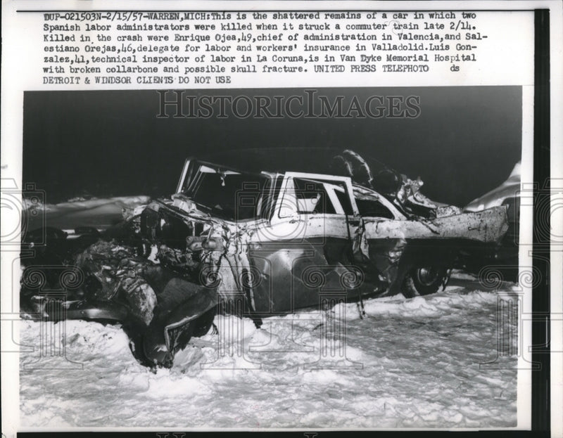 Load image into Gallery viewer, 1957 Press Photo car carrying Spanish Labor administrators destroyed by train
