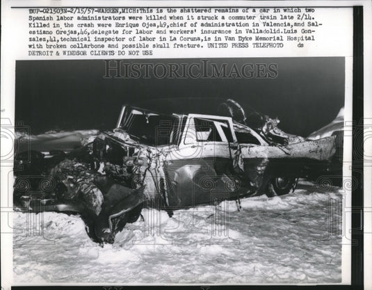 1957 Press Photo car carrying Spanish Labor administrators destroyed by train
