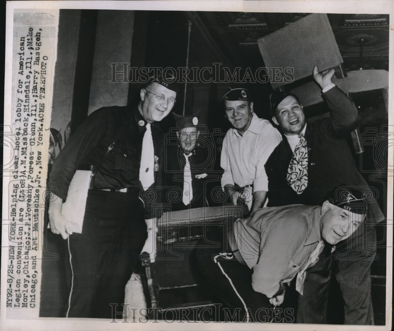 Load image into Gallery viewer, 1947 Press Photo Group Helps Clean Hotel Lobby For American Legion Convention
