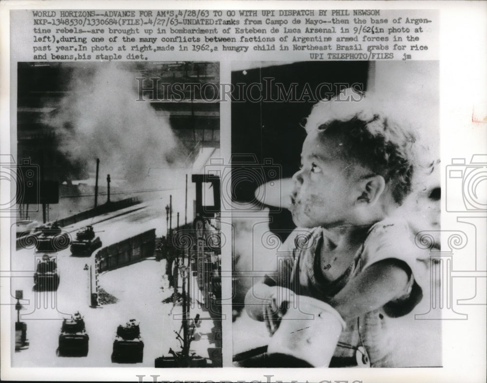 1963 Press Photo A Hungry Child eating rice in Brazil and the base of Argentina- Historic Images