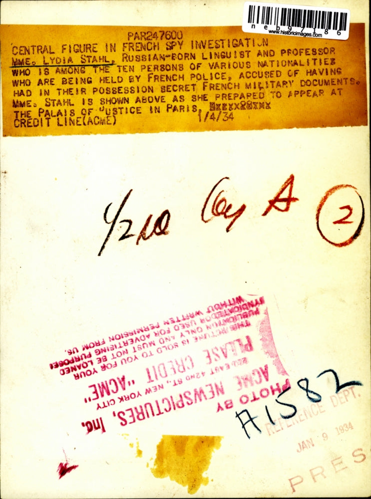 1934 Press Photo Prof. Mrs Lydia Stahl held by French police for spying