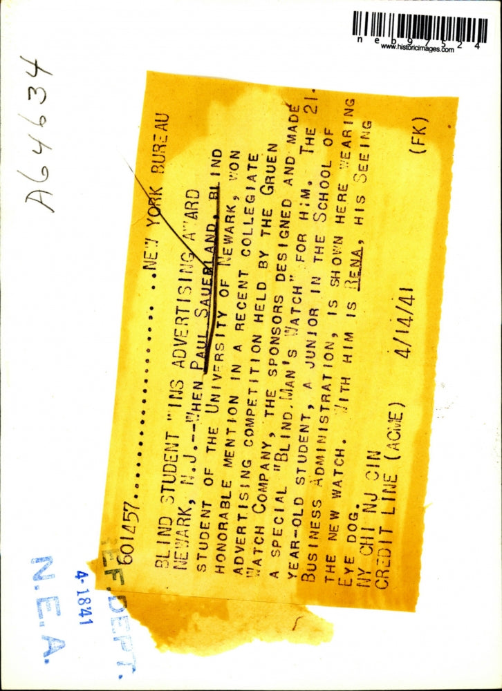 1941 Press Photo Newark, NJ Paul Sauerland, blind student & Seeing eye dog Rena