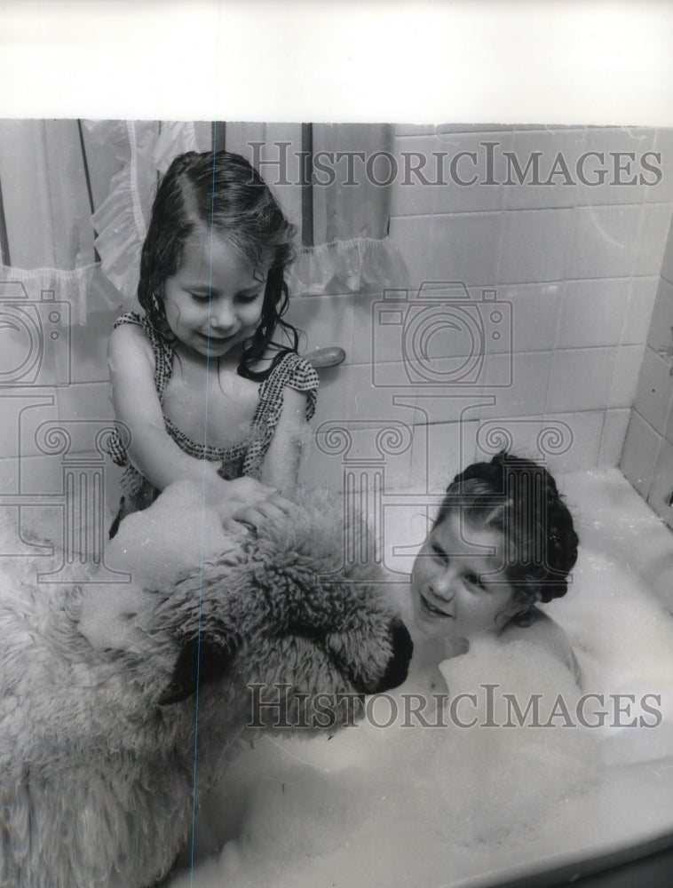 1956 Press Photo Christine & Laura Erickson bathe a lamb in bathtub